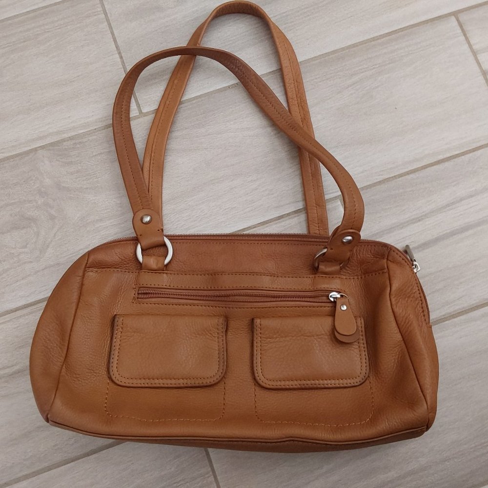 Giani Bernini Cognac Brown Leather Shoulder Satchel Handbag. Size Medium